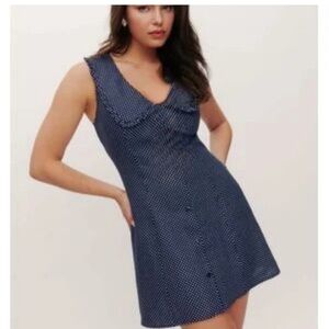 Caroline Constas linen blend polka  dot mini dress navy  white retro mod 4 NWT